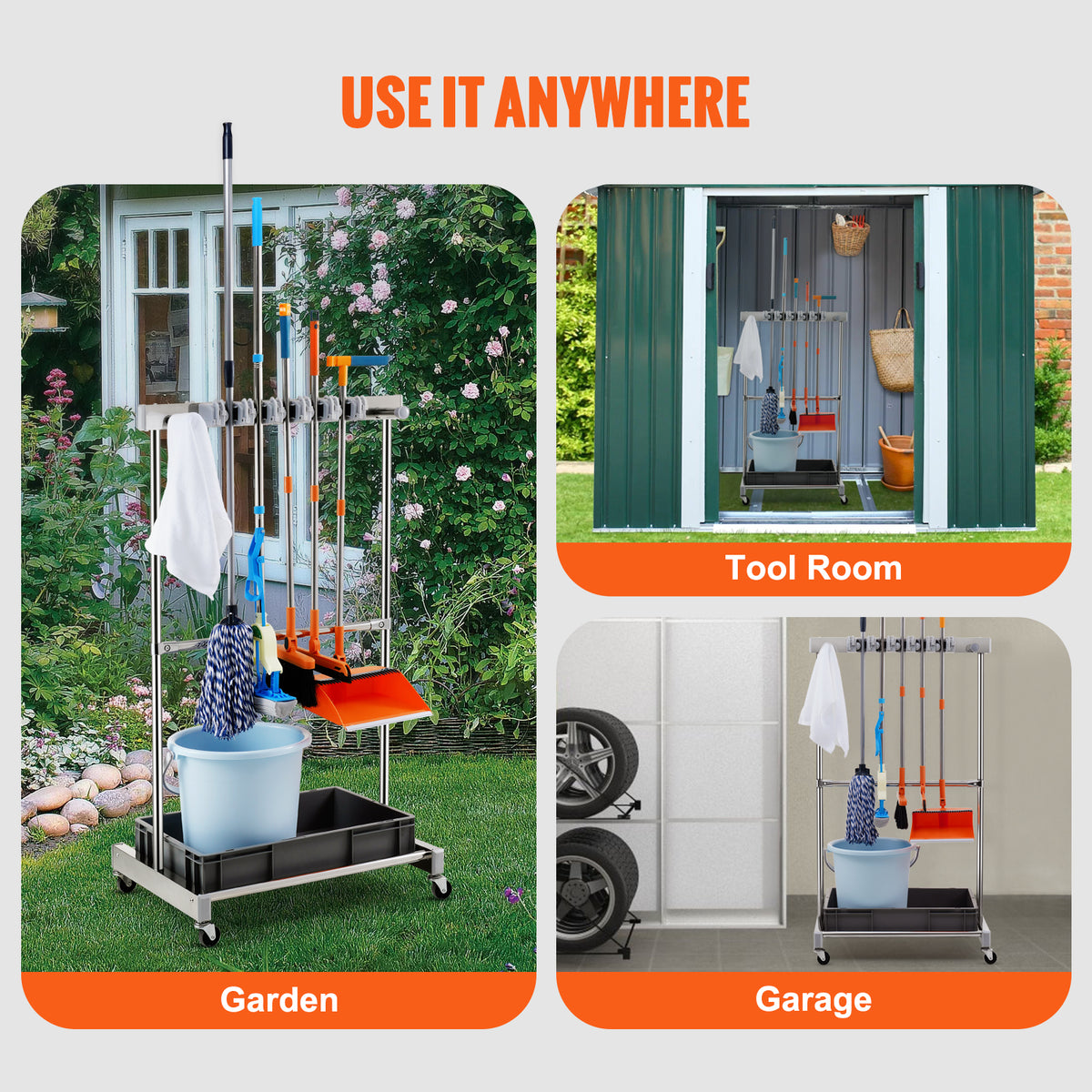 Gray Stainless Steel Garden Tool Organizer with Wheels