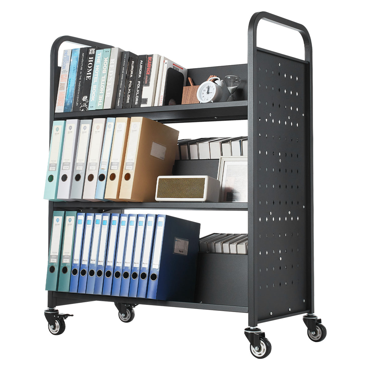 Large Black Rolling Book Cart - 3 Tier Storage Shelf