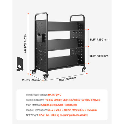 Large Black Rolling Book Cart - 3 Tier Storage Shelf