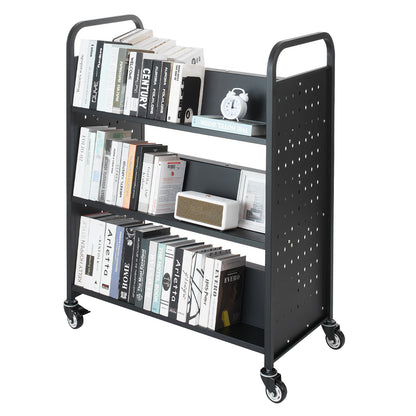 3-Tier Rolling Book Cart Double Sided W-Shaped Shelves Book Truck in Black
