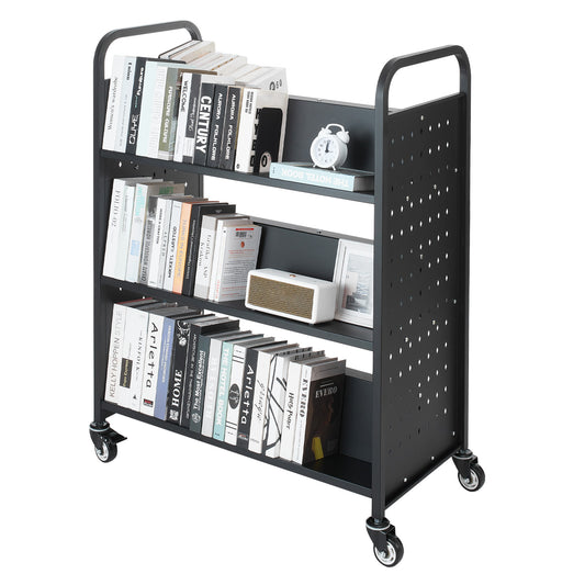 3-Tier Rolling Book Cart Double Sided W-Shaped Shelves Book Truck in Black