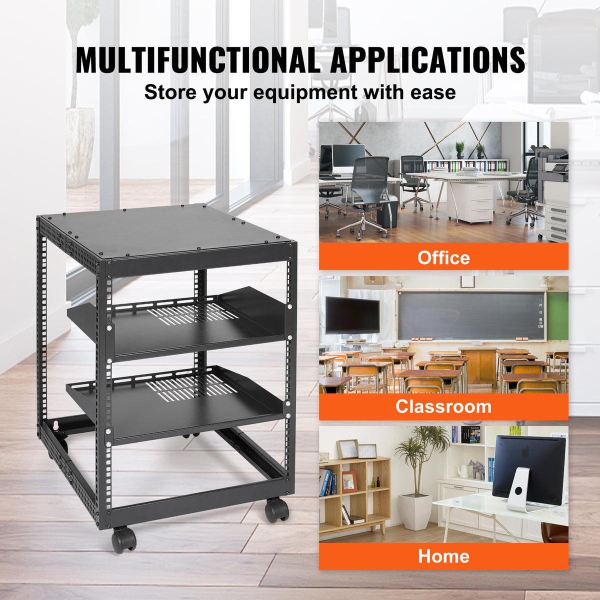 12U Server Rack - Adjustable Depth, Black Sheet Metal for Living Room