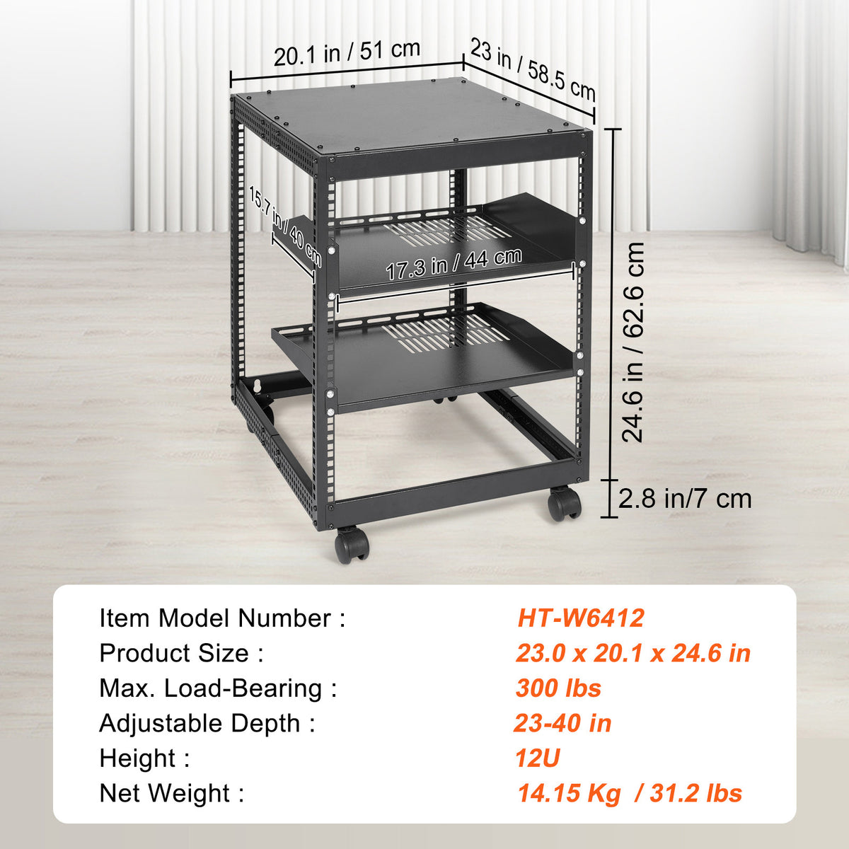 12U Server Rack - Adjustable Depth, Black Sheet Metal for Living Room