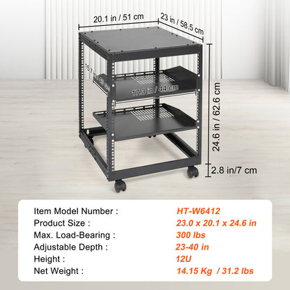 12U Server Rack - Adjustable Depth, Black Sheet Metal for Living Room