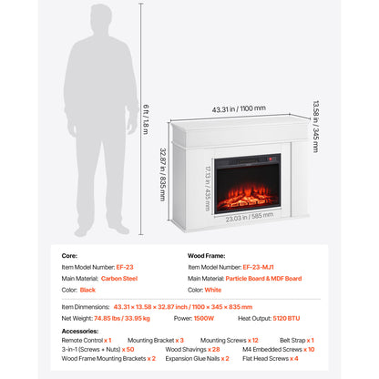 Black White Steel Electric Fireplace Stove 48 Inch
