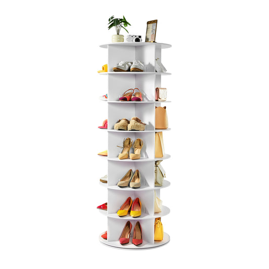 7-Tier Rotating Shoe Rack - White PVC Display Tower for Living Room