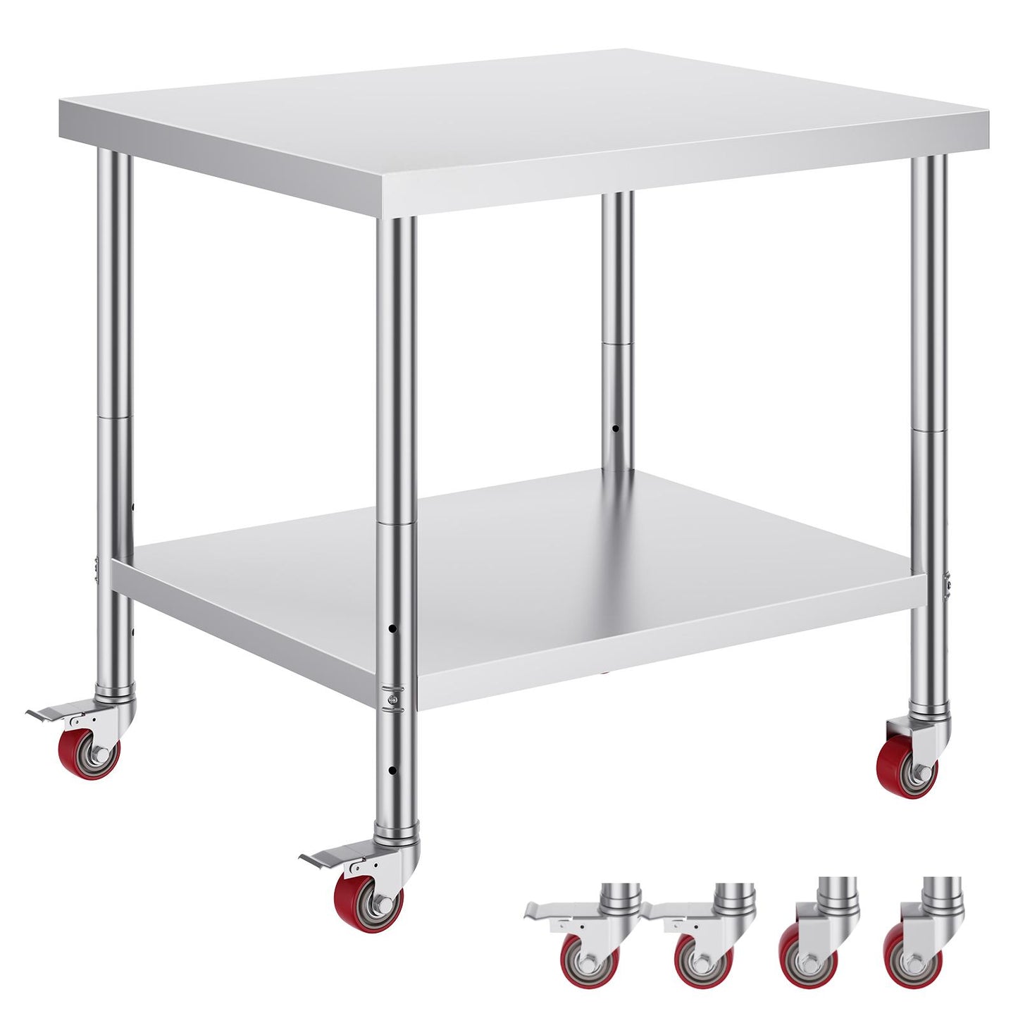 30x36x34 Inch Stainless Steel Work Table 3-Stage Adjustable Shelf with 4 Wheels Heavy Duty Commercial Food Prep Worktable with Brake for Kitchen Prep Work