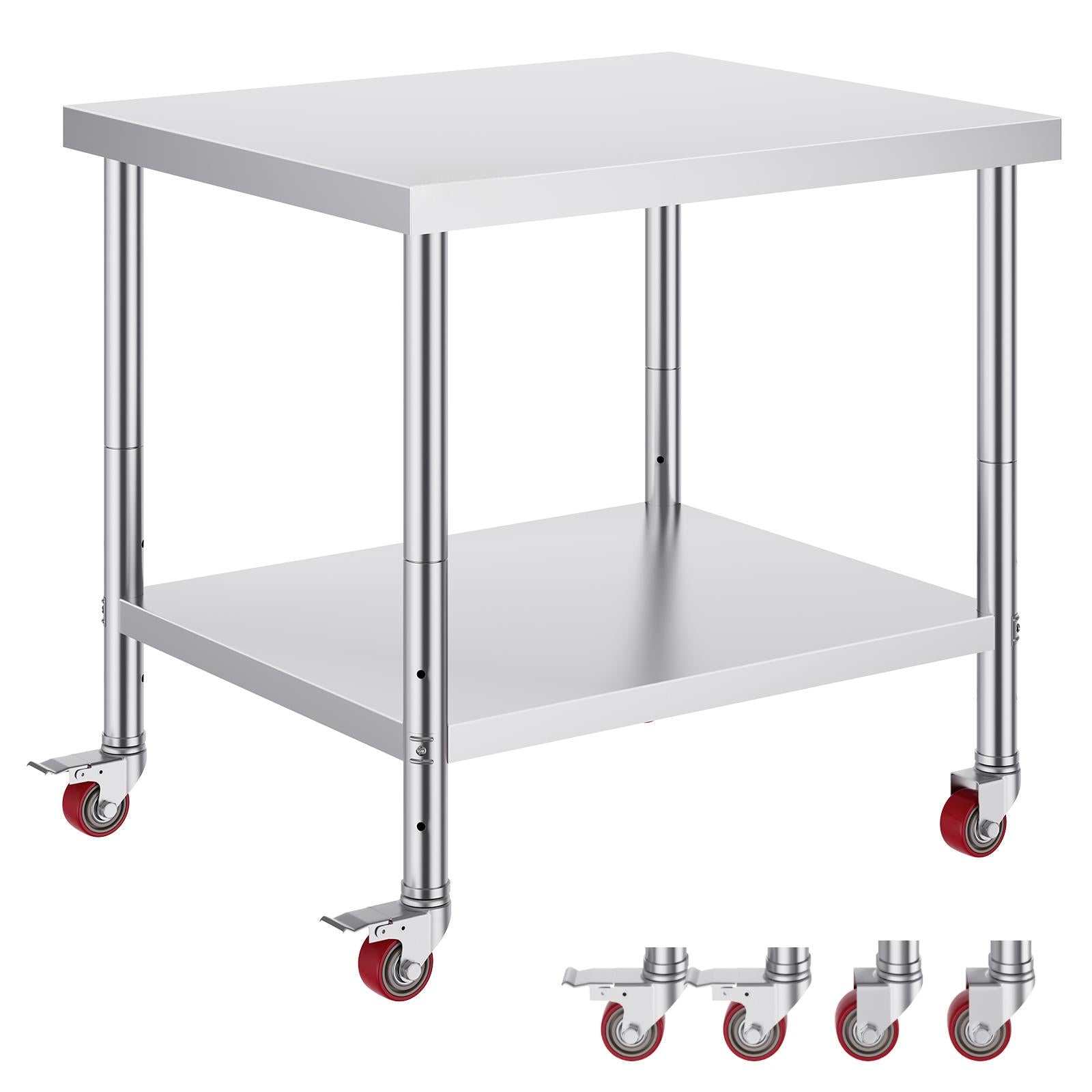 30x36x34 Inch Stainless Steel Work Table 3-Stage Adjustable Shelf with 4 Wheels Heavy Duty Commercial Food Prep Worktable with Brake for Kitchen Prep Work