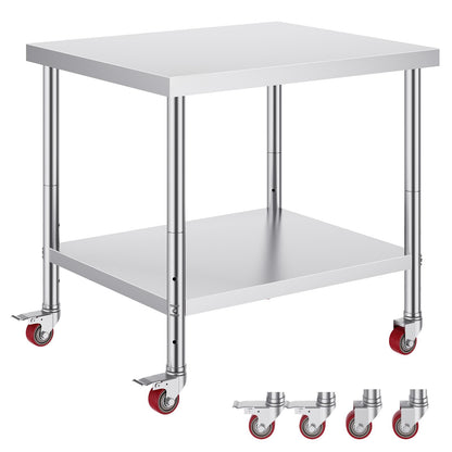 30x36x34 Inch Stainless Steel Work Table 3-Stage Adjustable Shelf with 4 Wheels Heavy Duty Commercial Food Prep Worktable with Brake for Kitchen Prep Work