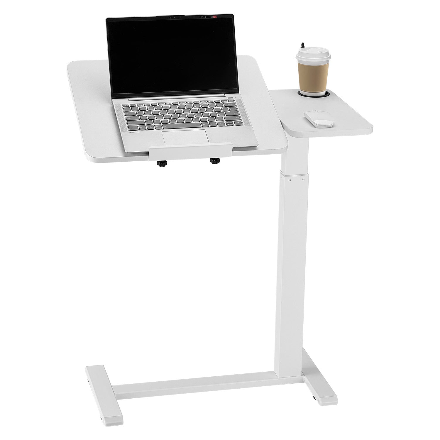Overbed Table, Mobile Bed Side Table with Flip Desktop and 4 Hidden Wheels, Height & Angle Adjustable Rolling Laptop Desk with Cup Holder, Portable Over Bed Desk for Home, Office, Study, White