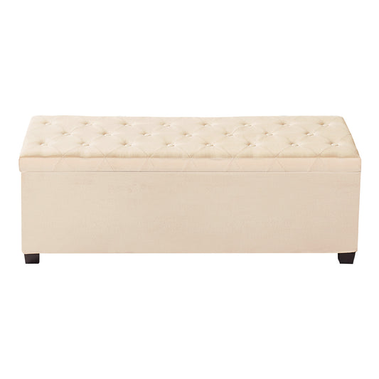 Storage Ottoman Bench, Button-Tufted End of Bed Bench with Side Bags, Flip-up Upholstered Storage Chest with Metal Frame, Linen Bed Ottoman for Living Room, Bedroom, Entryway, Office, Beige