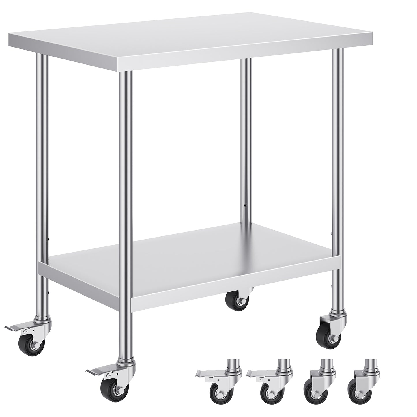Stainless Steel Work Table 24 x 36 x 38 Inch, with 4 Wheels, 3 Adjustable Height Levels, Heavy Duty Food Prep Worktable for Commercial Kitchen Restaurant, Silver