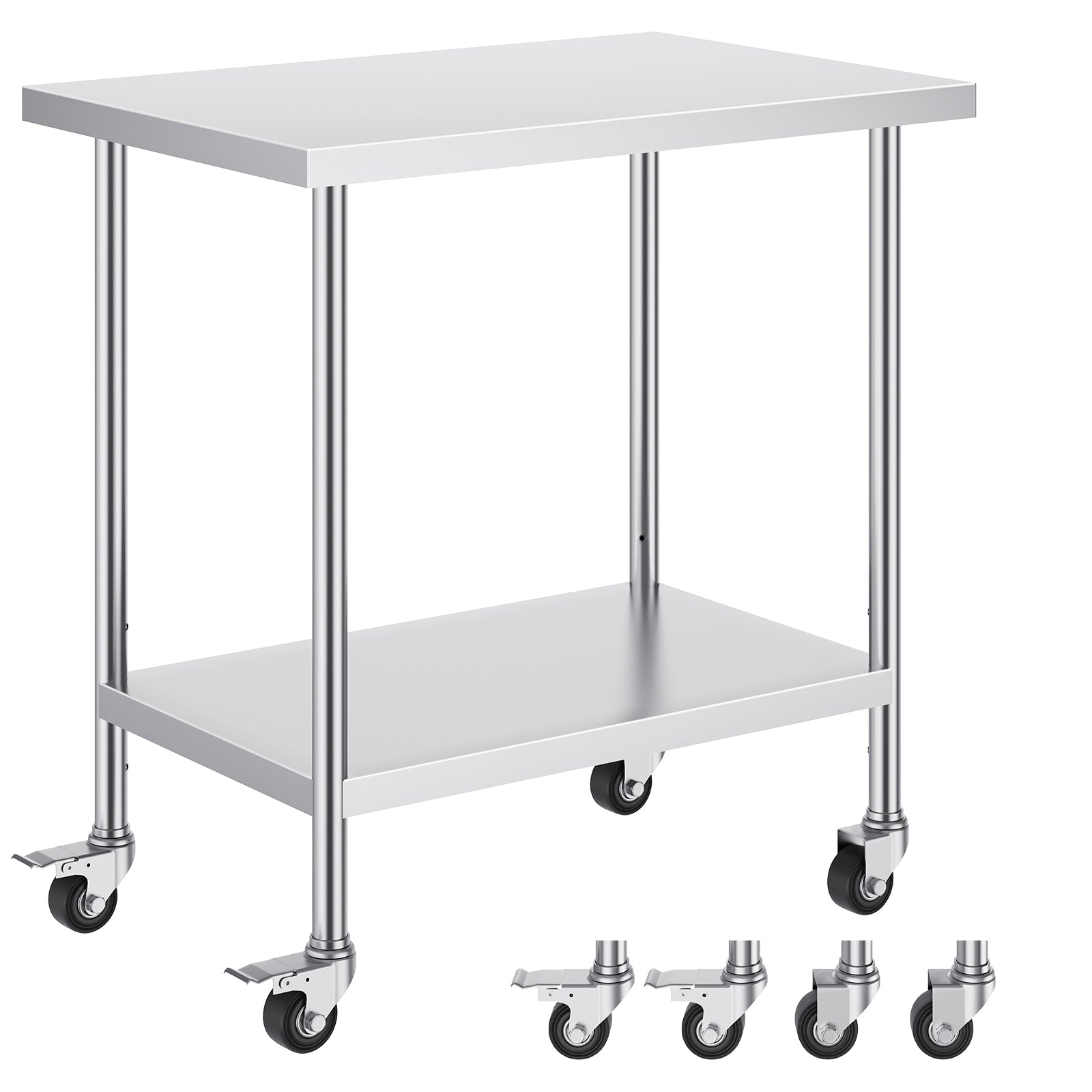Stainless Steel Work Table 24 x 36 x 38 Inch, with 4 Wheels, 3 Adjustable Height Levels, Heavy Duty Food Prep Worktable for Commercial Kitchen Restaurant, Silver