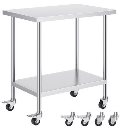 Stainless Steel Work Table 24 x 36 x 38 Inch, with 4 Wheels, 3 Adjustable Height Levels, Heavy Duty Food Prep Worktable for Commercial Kitchen Restaurant, Silver