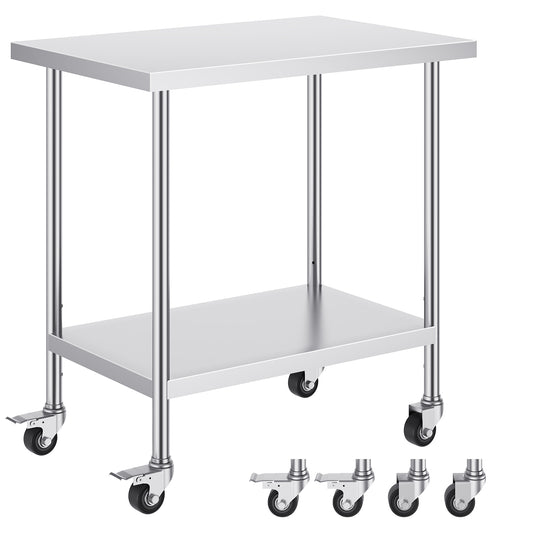 Stainless Steel Work Table 24 x 36 x 38 Inch, with 4 Wheels, 3 Adjustable Height Levels, Heavy Duty Food Prep Worktable for Commercial Kitchen Restaurant, Silver