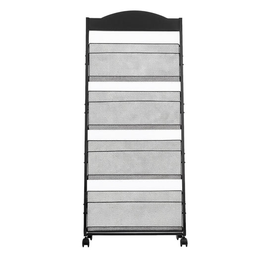 Brochure Display Rack, 4-Tier Magazine Literature Display Stand with Wheels, Movable Floor Standing Magazine Rack, Heavy Duty Newspaper Catalog Holders for Shop Exhibitions Office Craft Fairs