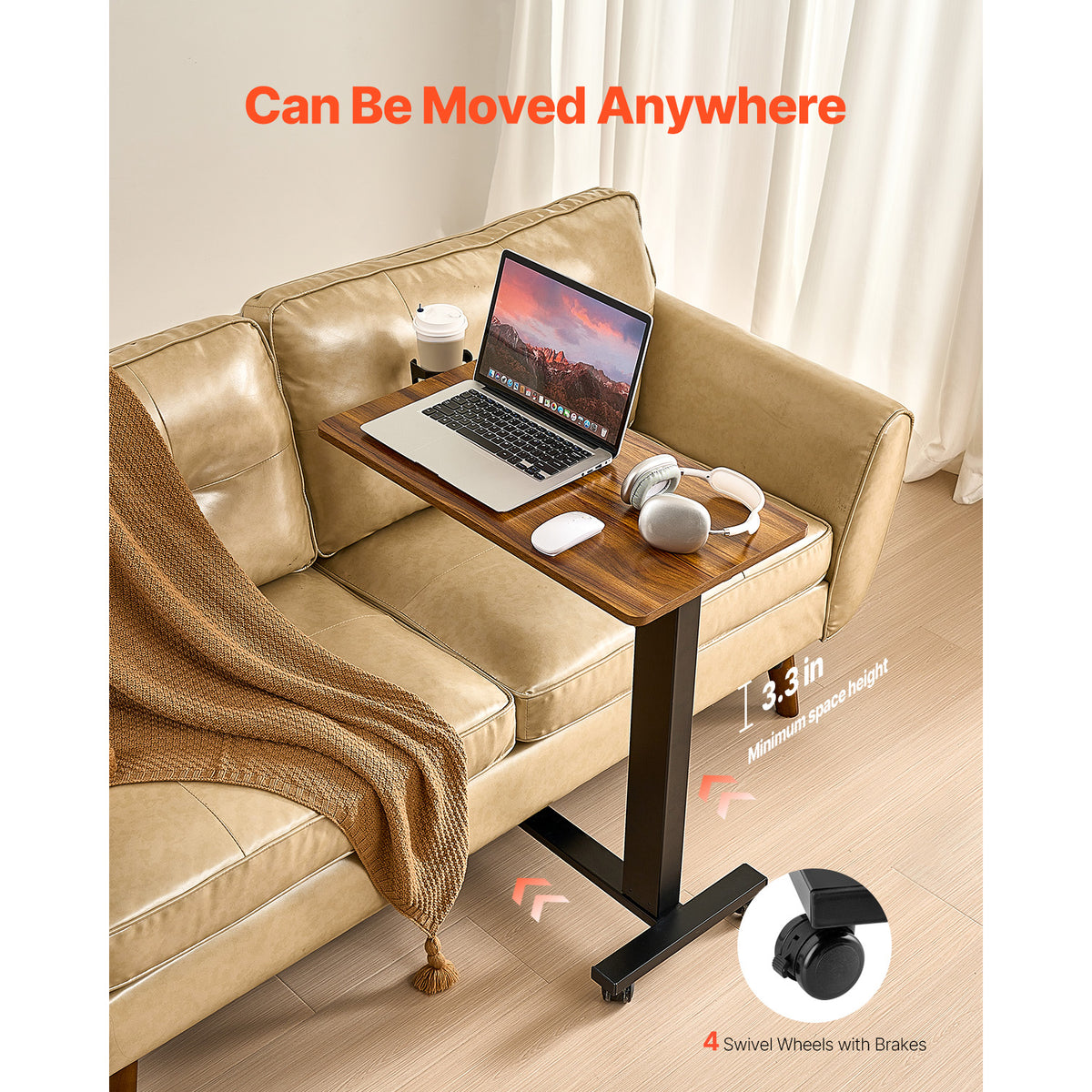 Mobile Bedside Table - Adjustable Height Laptop Desk, Black+Natural
