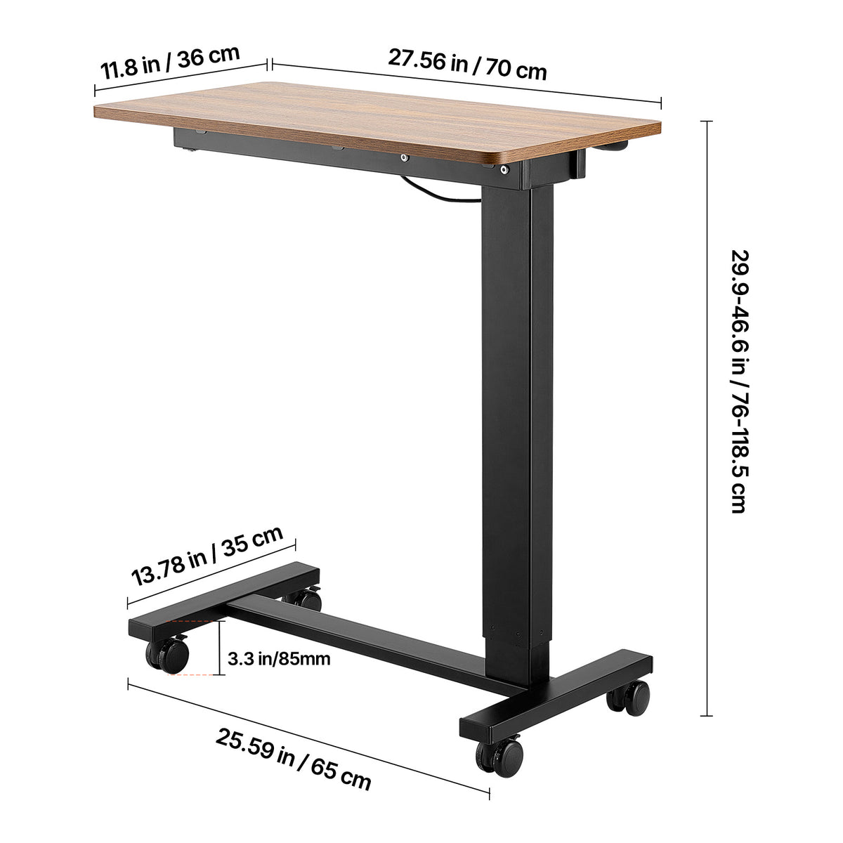 Mobile Bedside Table - Adjustable Height Laptop Desk, Black+Natural