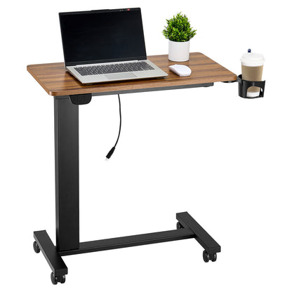 Overbed Table, Mobile Bed Side Table with 4 Wheels, Electric Lifting with Upgrade Button, Rolling Laptop Desk with Cup Holder, Height Adjustable Overbed Desk for Home, Office, Study, Wood+Black