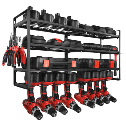 Power Tool Organizer Wall Mount, 4-Layer Storage Rack with 8 Drill Holders, Tools Holder and Storage Rack with Screwdriver Holder, Garage Tool Organizer for Garage, Workbench, and Workshop