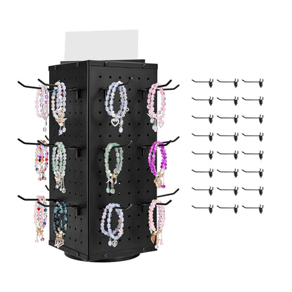 Rotating Pegboard Display 4-Sided Spinning Peg Board Display with 24 Hooks Black