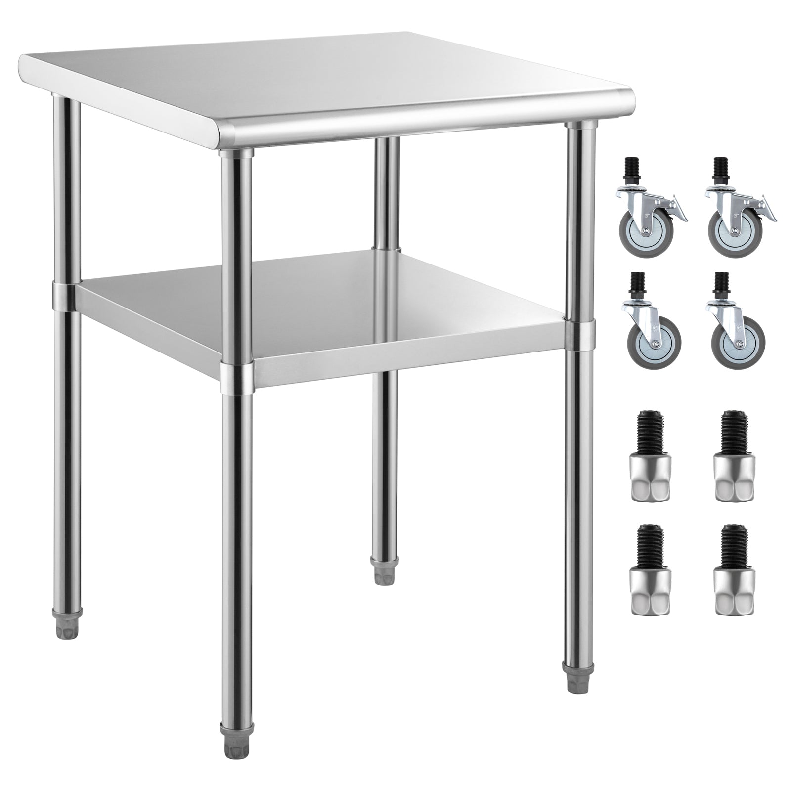 Stainless Steel Prep Table, 24 x 24 x 36 Inch, 600lbs Load Capacity Heavy Duty Metal Worktable with Adjustable Undershelf & Universal Wheels, Commercial Workstation for Kitchen Garage Backyard
