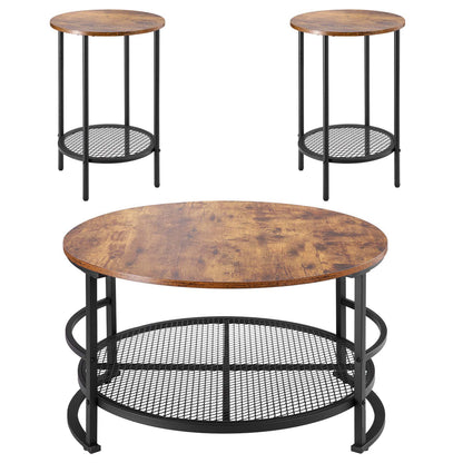 3 Pieces Round Coffee Table Sets, 31.5 in Industrial Living Room Table with 2 End Side Tables, Easy Assembly Coffee and End Tables Sets with Metal Legs, for Office, Living Room and Apartment