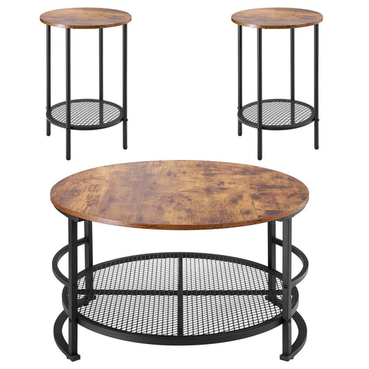 3 Pieces Round Coffee Table Sets, 31.5 in Industrial Living Room Table with 2 End Side Tables, Easy Assembly Coffee and End Tables Sets with Metal Legs, for Office, Living Room and Apartment