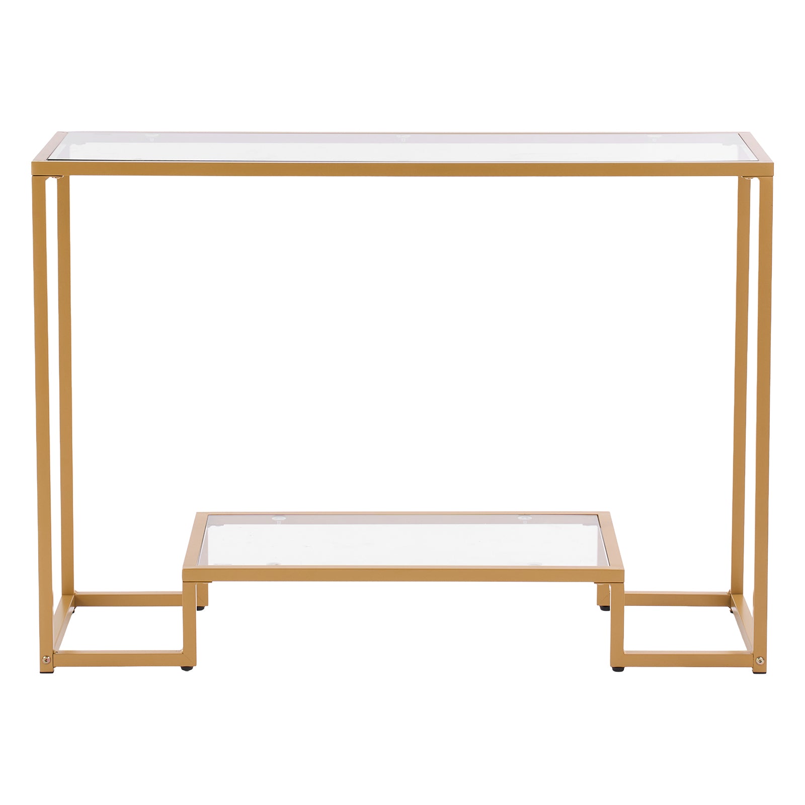 2-Tier Glass Console Table, Modern Rectangle Sofa Side Table with Tempered Glass Top and Iron Legs, Golden Consloe Desk with Anti-Tip Device for Living Room, Hallway, Entryway, Foyer, Golden