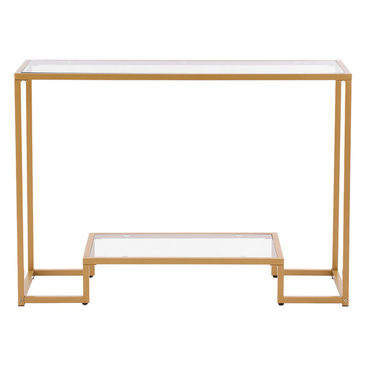 2-Tier Glass Console Table, Modern Rectangle Sofa Side Table with Tempered Glass Top and Iron Legs, Golden Consloe Desk with Anti-Tip Device for Living Room, Hallway, Entryway, Foyer, Golden