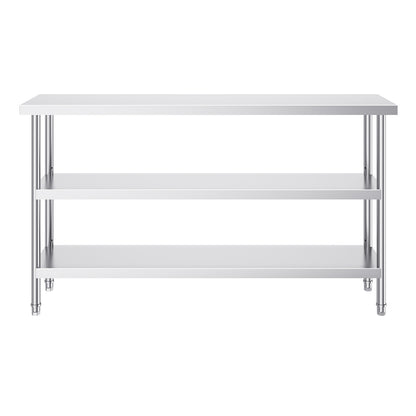 Stainless Steel Food Prep Table, 14 x 60 x 34 Inch Commercial Kitchen Worktable, with 2 Adjustable Undershelf, Heavy Duty Prep Table Metal Work Table for BBQ, Kitchen, Home, and Garage