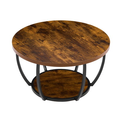 Coffee Table, Modern Round Coffee Table, 2 Tiers Wooden Circle Center Desk with Open Storage, Minimalist Sturdy Metal Frame Accent End Desk for Living Room, Office, Easy Assembly, Rustic Brown