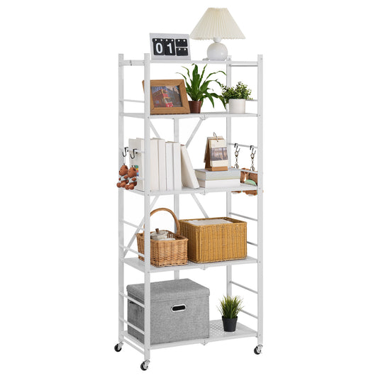 Folding Storage Shelf with Wheels 5-Tier Metal Shelving Unit White