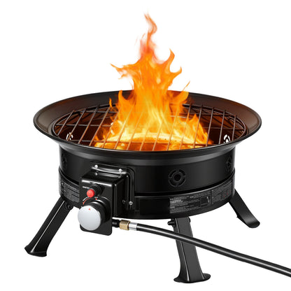 Propane Fire Pit 19-Inch, 53,000 BTU Portable Gas Fire Pit, with Grill Grate & Lava Rocks, Adjustable Flame, Folding Legs,Smokeless Outdoor Firebowl for Camping, Patio, Backyard, Deck, RV, Black