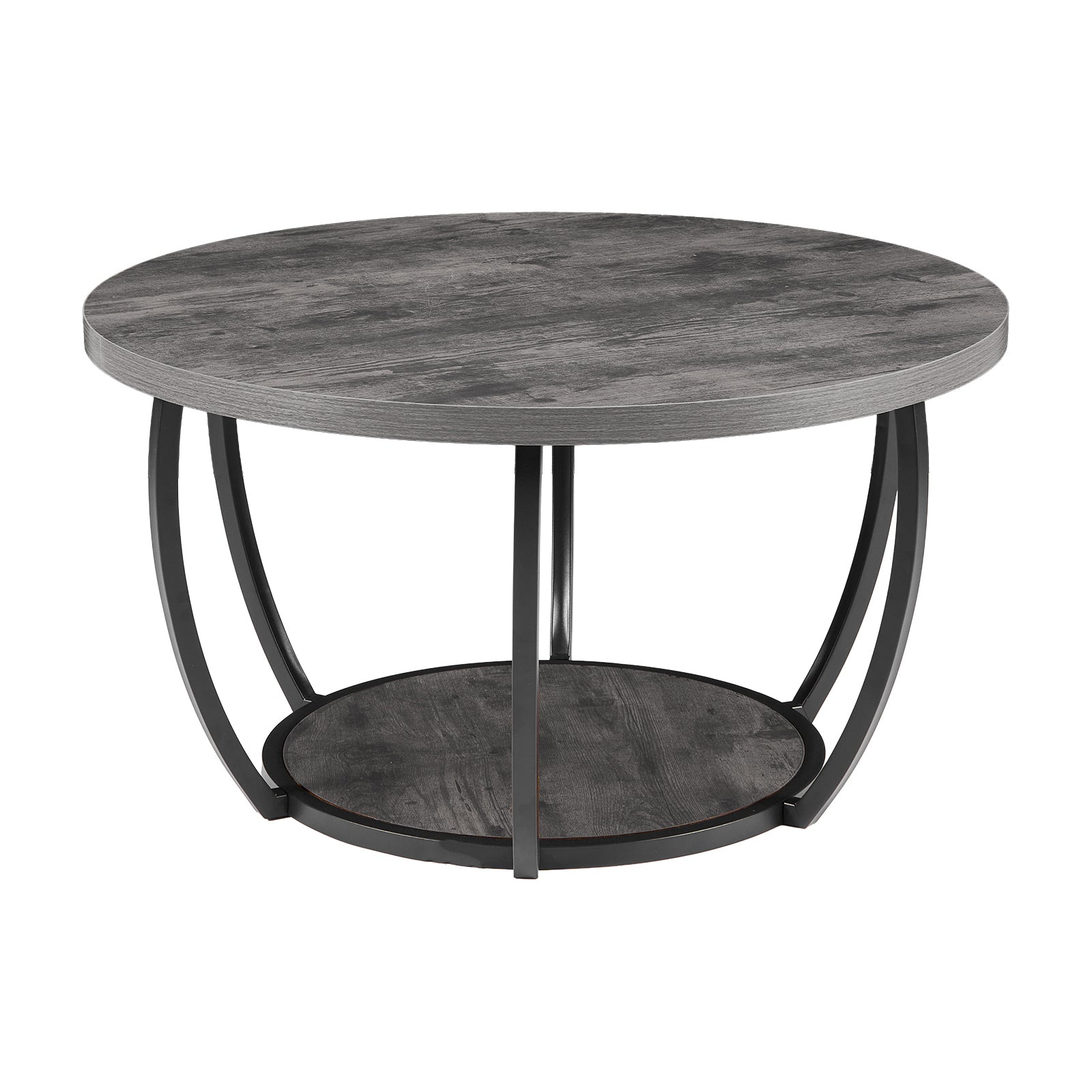 Coffee Table, Modern Round Coffee Table, 2 Tiers Wooden Circle Center Desk with Open Storage, Minimalist Sturdy Metal Frame Accent End Desk for Living Room, Office, Easy Assembly, Grey