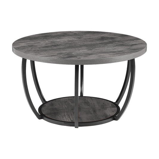 Coffee Table, Modern Round Coffee Table, 2 Tiers Wooden Circle Center Desk with Open Storage, Minimalist Sturdy Metal Frame Accent End Desk for Living Room, Office, Easy Assembly, Grey