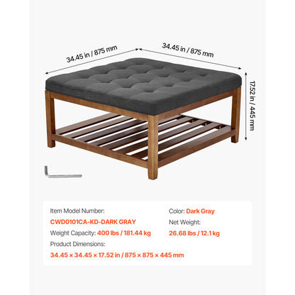 Dark Gray Wood Ottoman Coffee Table - 36.61" Square Storage for Living Room