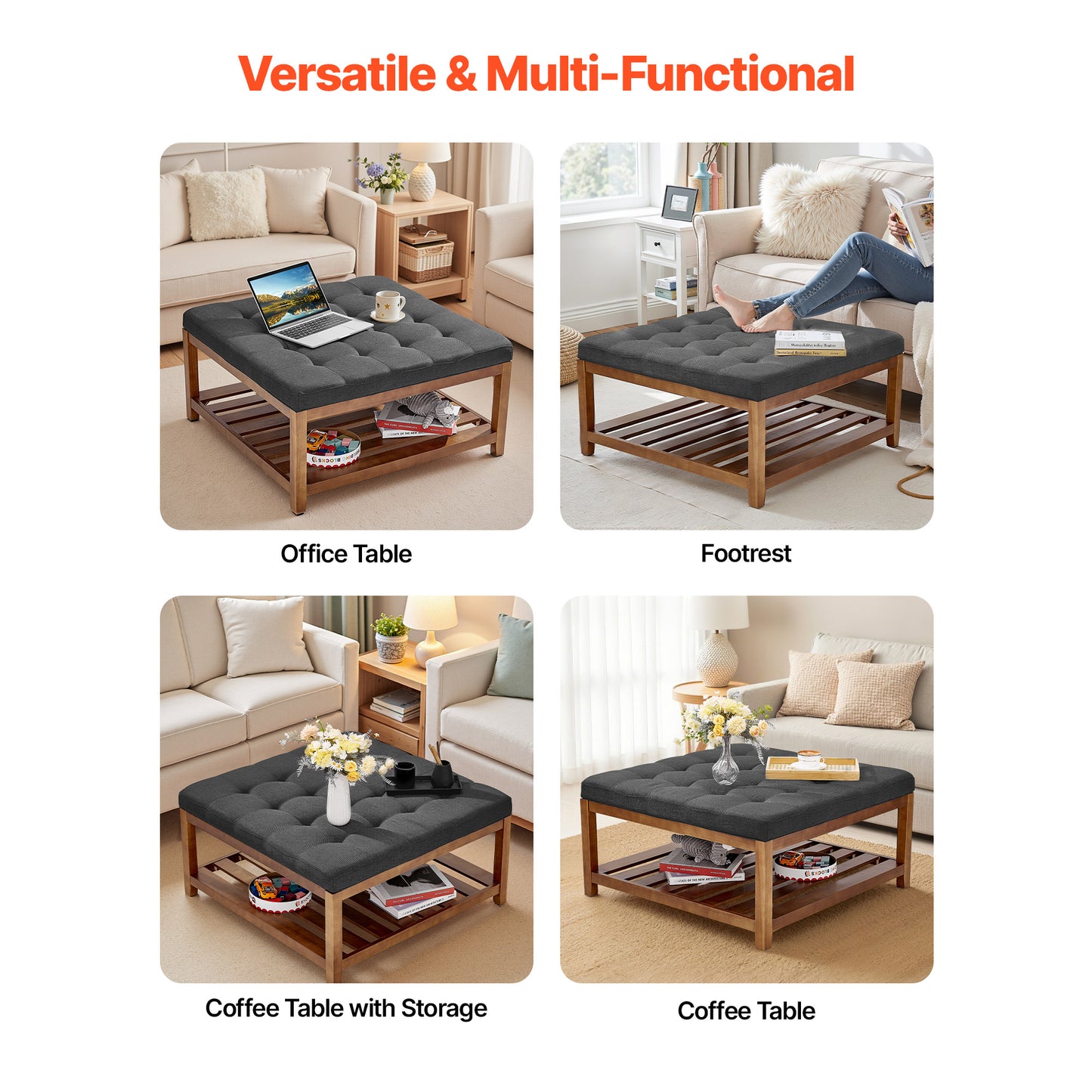 Dark Gray Wood Ottoman Coffee Table - 36.61" Square Storage for Living Room