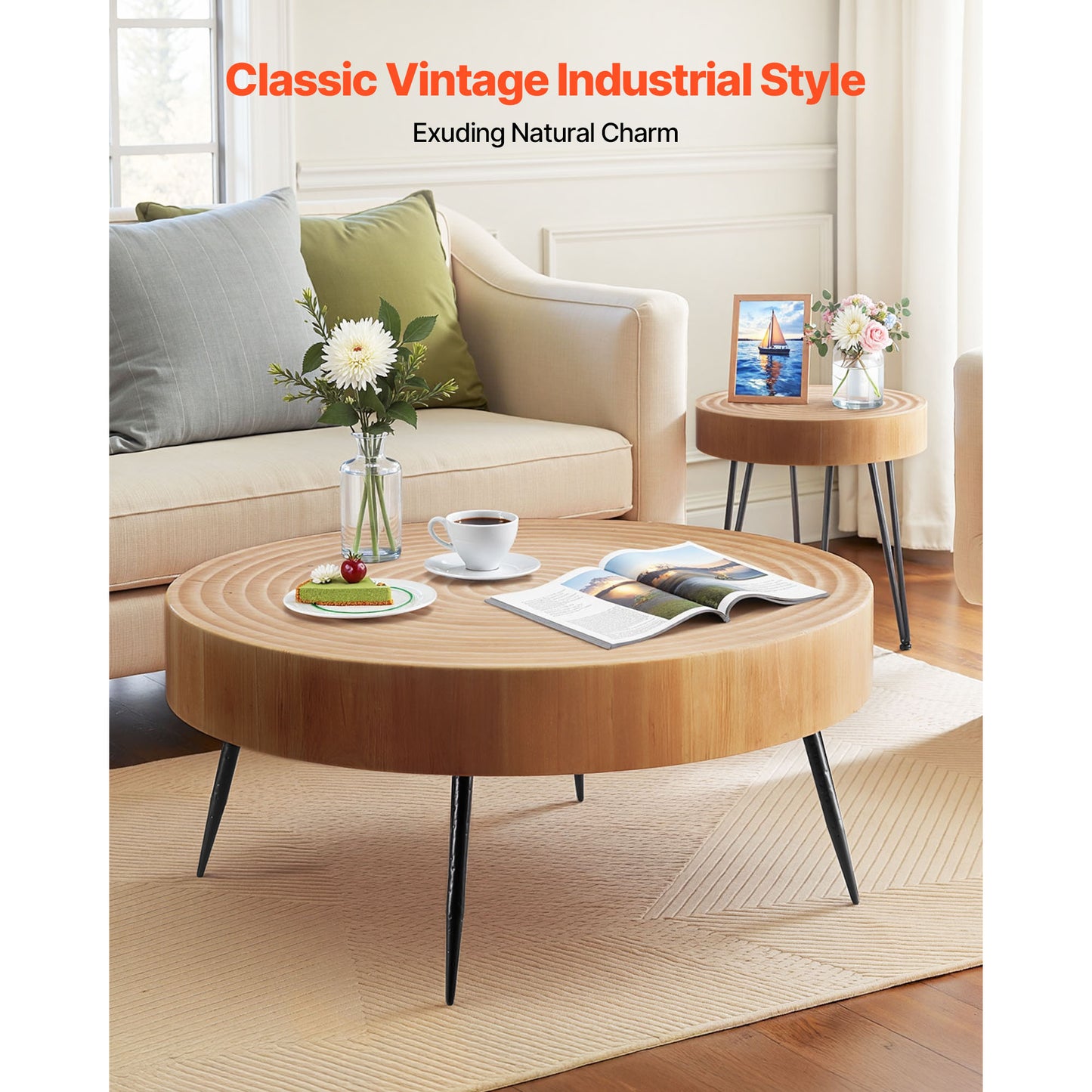 Wood Coffee Table Set - 2 Piece Round with End Table for Living Room