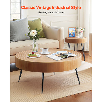 Wood Coffee Table Set - 2 Piece Round with End Table for Living Room