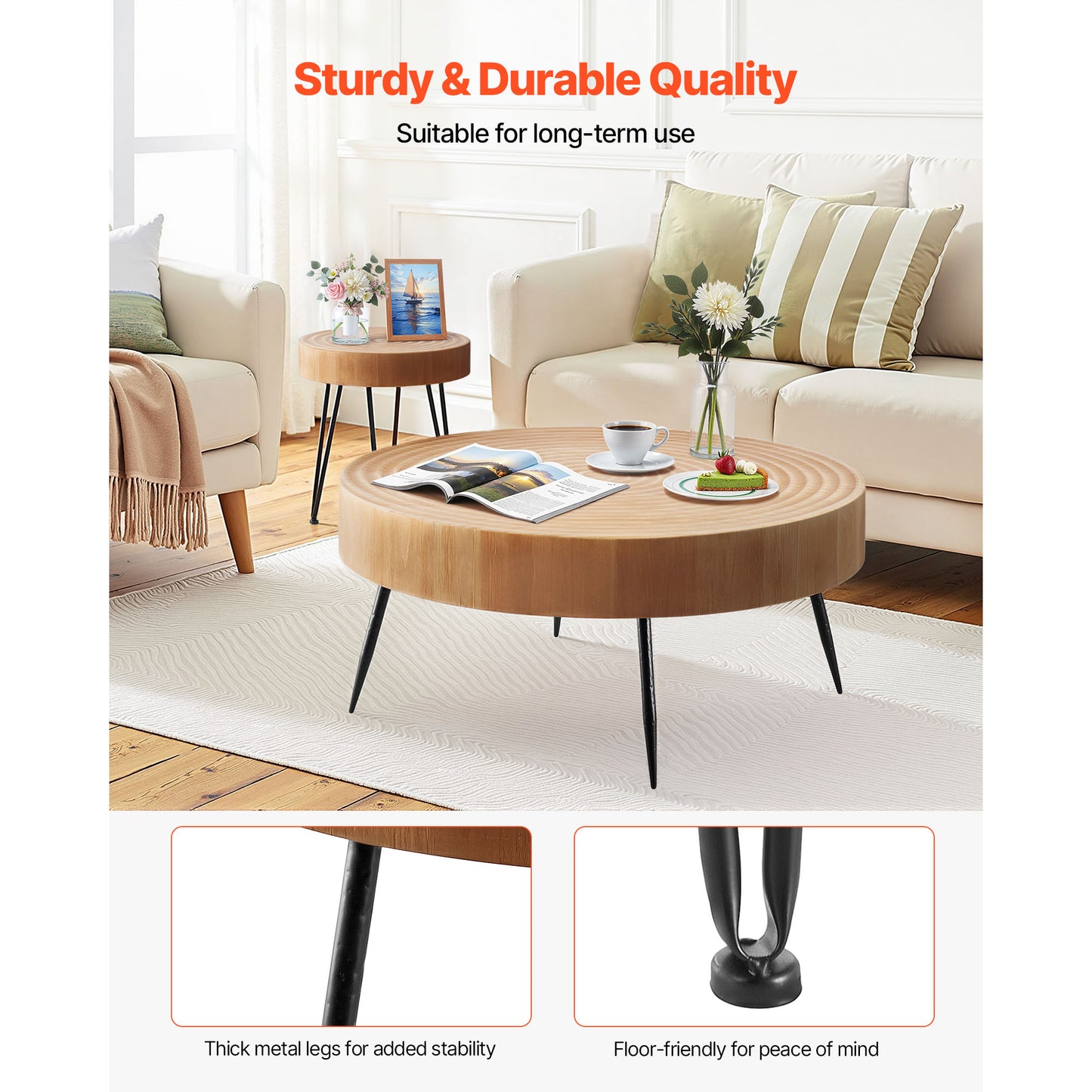 Wood Coffee Table Set - 2 Piece Round with End Table for Living Room