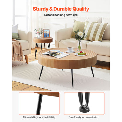Wood Coffee Table Set - 2 Piece Round with End Table for Living Room