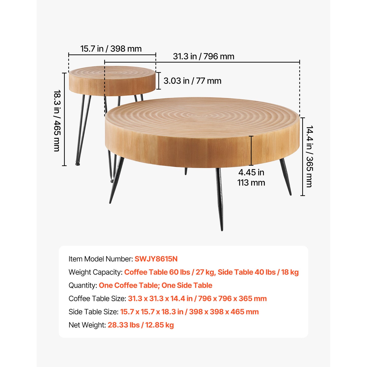 Wood Coffee Table Set - 2 Piece Round with End Table for Living Room