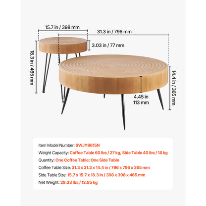 Wood Coffee Table Set - 2 Piece Round with End Table for Living Room