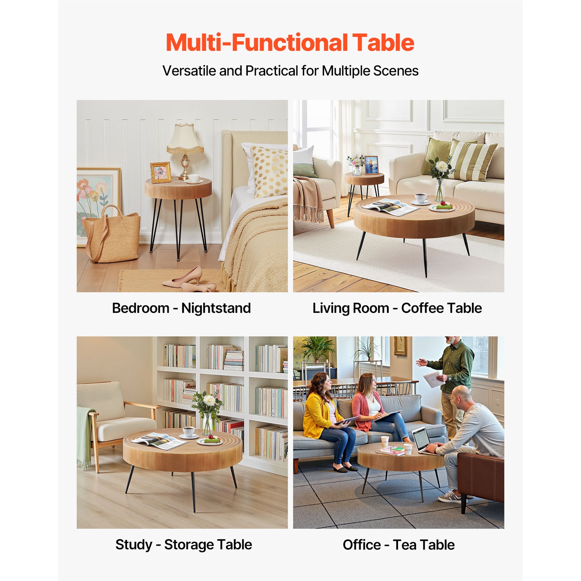 Wood Coffee Table Set - 2 Piece Round with End Table for Living Room