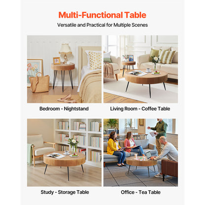 Wood Coffee Table Set - 2 Piece Round with End Table for Living Room
