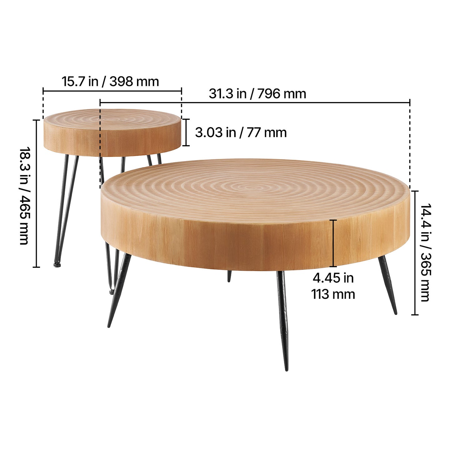 Wood Coffee Table Set - 2 Piece Round with End Table for Living Room