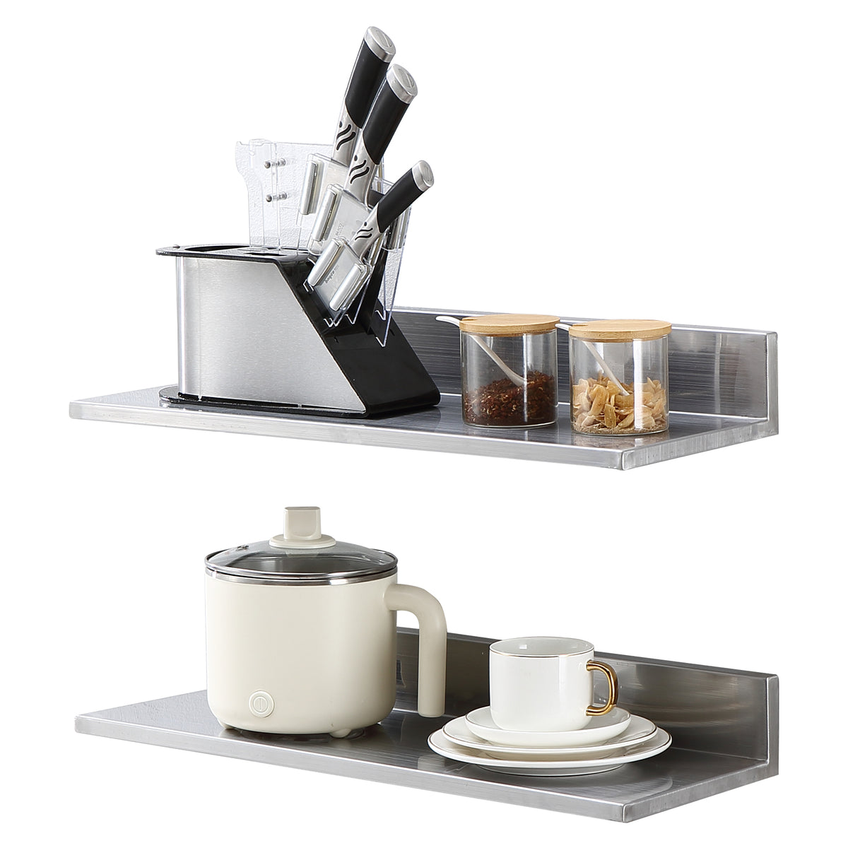Living Room Silver Stainless Steel Floating Shelves - 2 Pack, Wall Mounted Storage