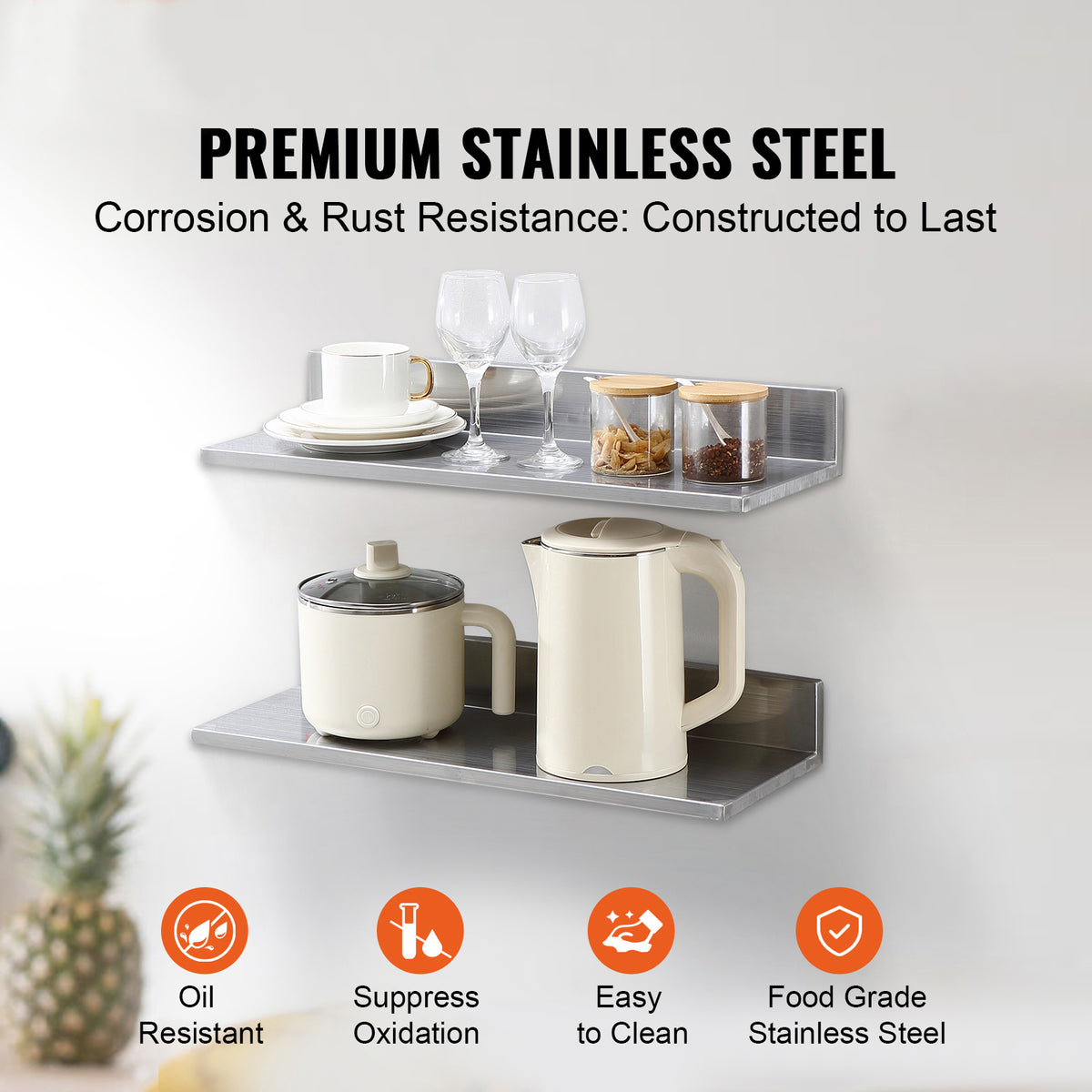 Living Room Silver Stainless Steel Floating Shelves - 2 Pack, Wall Mounted Storage