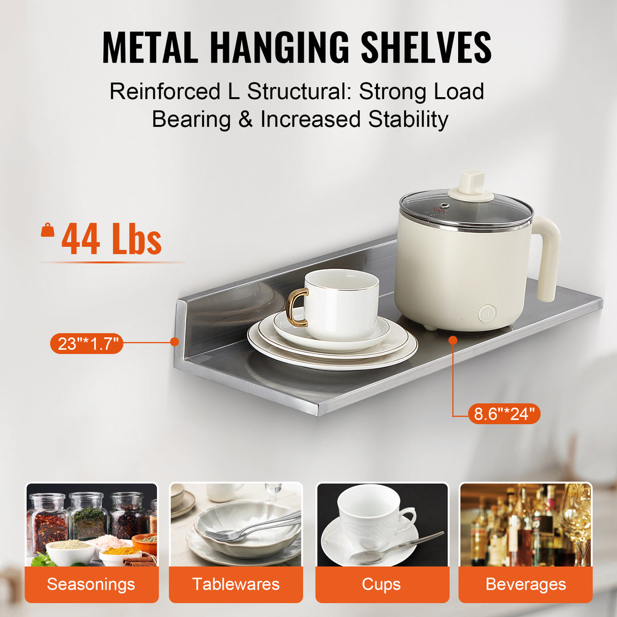 Living Room Silver Stainless Steel Floating Shelves - 2 Pack, Wall Mounted Storage